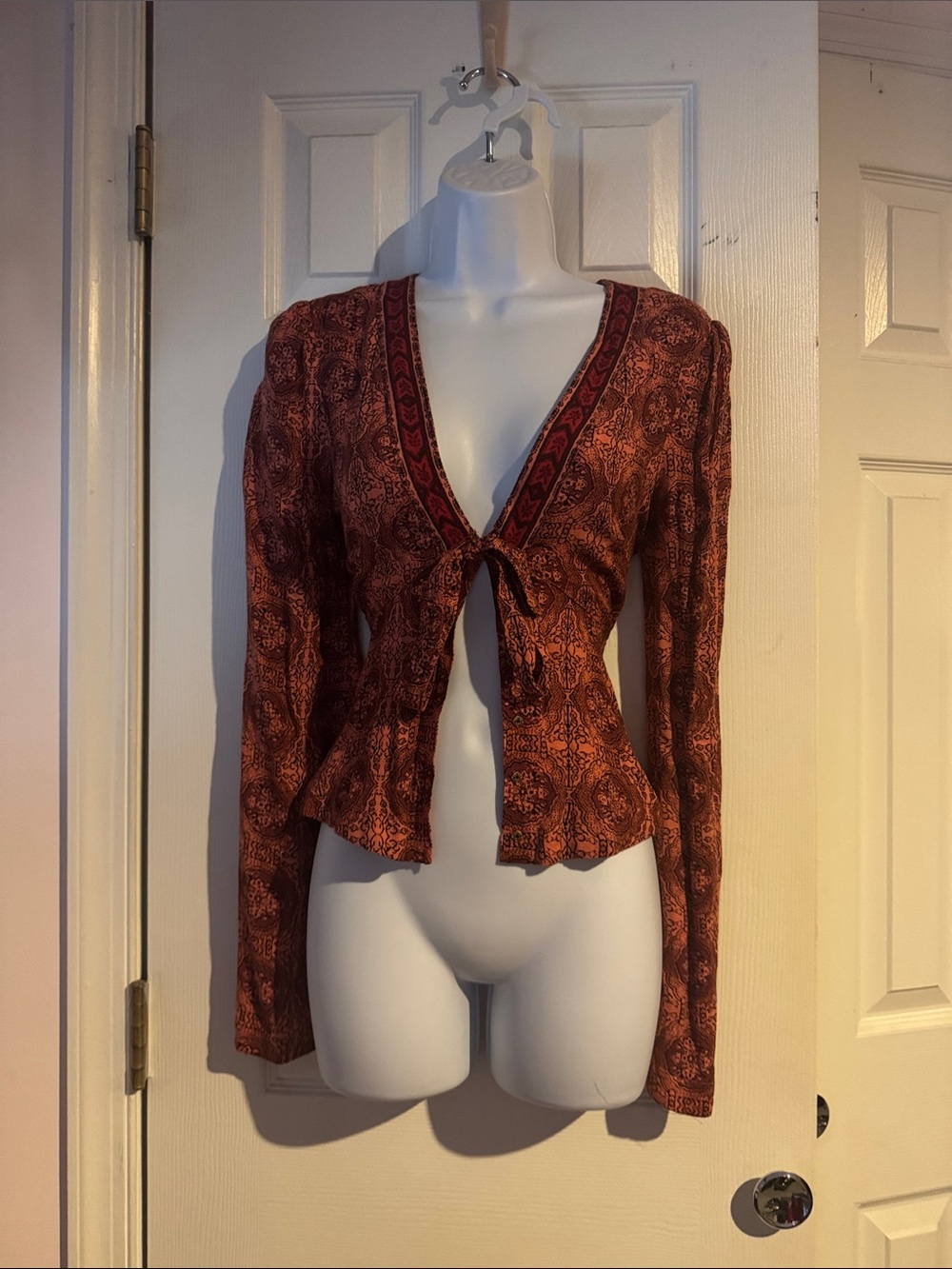 Free People Rust Printed Tie-Front Long Sleeve Blouse